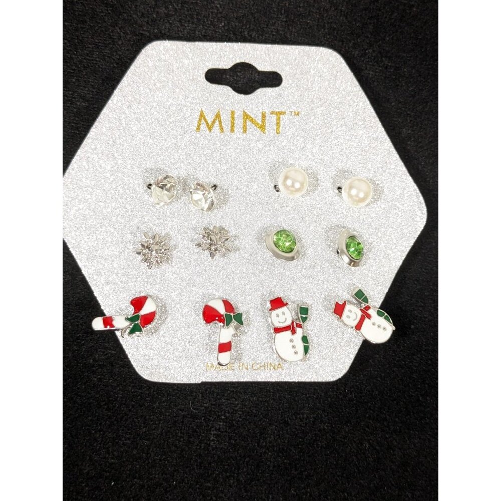 Set‎ of 6 Christmas Theme Silver Tone Pierced Stud Earrings